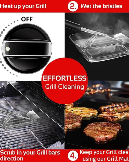 KITCHEN PERFECTION Safe Wire Grill Brush for Outdoor Grill w/Grill Scraper & Grill Mat Grill Cleaning Kit -Extended Handle BBQ Brush for Effortless Grill Cleaning Grill Cleaner Brush Barbecue Tools