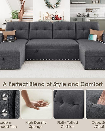 HIFIT 106" Sectional Couches for Living Room- Pull Out Sleeper Sofa Couch w/Storage Chaise,Storage Armrest,LED Light&USB Port&Cupholder, Modern Linen U Shaped Home Sofa Living Room Furniture Set, Grey