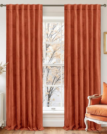 LAMIT Velvet Curtains 120 Inch for Living Room, Terracotta Thermal Insulated Room Darkening Drapes Rustic Vintage Noise Reducing Panels with Back Tab and Rod Pocket, 2 Panels, 52 x 120 Inch