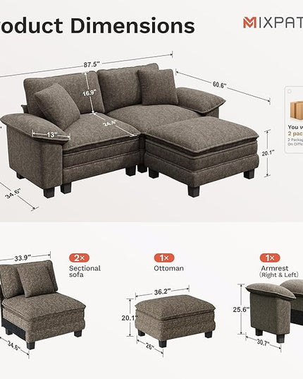 87-Inch L Shaped Sectional Sofa with Cloud Cushions, Deep Seat Modular Couch Set w/ 3 Seats & 1 Ottomans, Removable Arms, Plush Chenille Upholstery for Living Room, Apartment - Smoky Gray