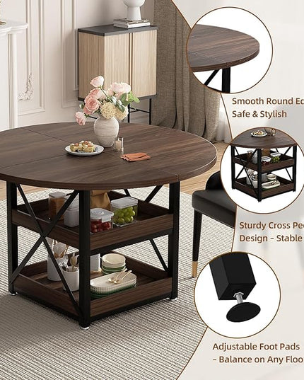 5-Piece Round Dining Table Set for 4 with Storage, Kitchen Table with 4 PU Leather Chairs, Space Saving for Breakfast Nook, Dinette, Dining Room (Walnut Dining Table-4 Black Chairs)