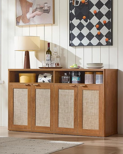 LEYAOYAO Rattan Sideboard Buffet Cabinet,55" Coffee Bar Cabinet with 4 Doors & Open Storage Shelf,Modern Credenza Console Table for Living Room Rattan Farmhouse entryway Brown