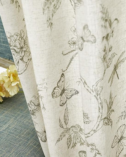 Lazzzy Linen Farmhouse Curtains Green Floral Curtains 63 Inch Length Drapes for Living Room Bedroom Pattern Light Filtering Country Vintage Curtain Grommet Top, 2 Panels, Green on Beige