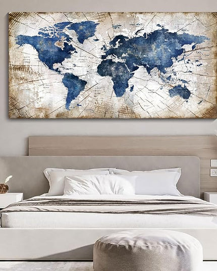 World Map Canvas Wall Art Abstract Navy World Maps for Wall Vintage Modern Wall Art for Office Framed Pictures for Living Room Bedroom Wall Decoration for Home Office Decor Artwork for Walls 29x58IN