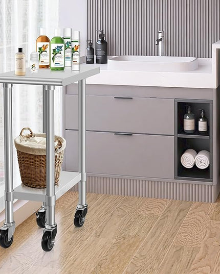 HARDURA Stainless Steel Commercial Table Prep & Work Table with Casters Heavy Duty Metal Table with Wheels NSF 430 24×15 Inches