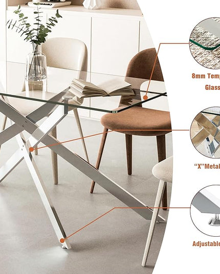 Modern 5-Piece Glass Dining Table Set for 4, Modern 60" Rectangle Silver Glass Dining Room Table Set with Milk White Velvet Tufted Chairs Wood Legs for Kitchen Dining Room