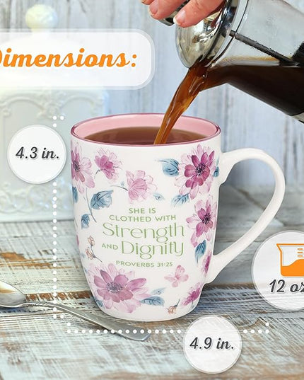 Christian Art Gifts Inspirational Ceramic Coffee & Tea Mug for Women: Strength & Dignity Encouraging Bible Verse Proverb, Microwave & Dishwasher Safe Drinkware, White, Pink & Fuchsia Floral, 12 oz.