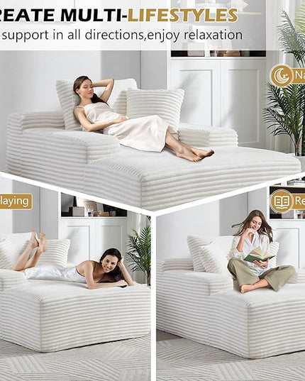 67" Boneless Chaise Lounge Chair,Indoor Corduroy Oversized Sleeper Sofa w/9.9'' Wide Armrest & 3 Soft Pillows, Convertible Boneless Sofa Bed - 2-in-1 Chair & Ottoman for Reading, Living Room,White