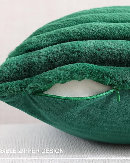 Pallene Faux Fur Plush Christmas Throw Pillow Covers 20x20 Set of 2, Luxury Soft Fluffy Striped Decorative Pillow Covers for Sofa, Couch, Living Room, Christmas Green