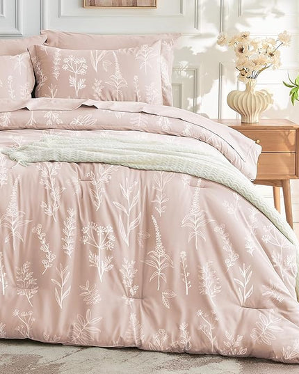 MUXHOMO Cameo Pink Cal King Comforter Set, Elegant Floral Print Bed in a Bag 7 Pieces, Ultra Soft & Breathable Reversible Botanical Pattern Bedding Set with Comforter, Sheets, Pillowcases, and Shams
