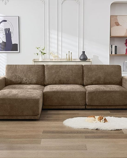 110.6" L Shaped Modular Sectional Sofa Modern Chenille Comfy Couch with Thickened Seat Cushions, Easy Assembly, Upholstered 4 Seater Couch with Movable Ottoman for Living Room, Brown