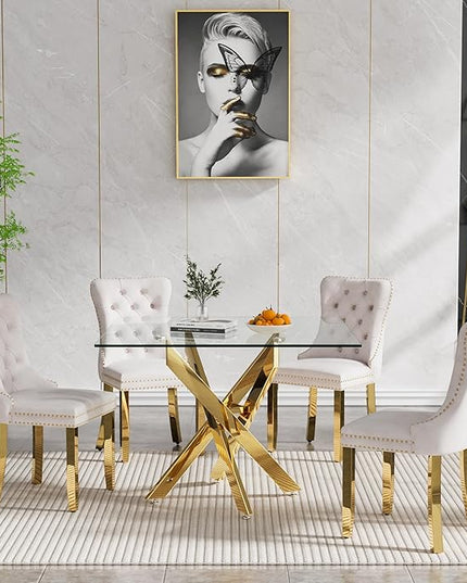 Glass Dining Table Set for 4, Square 36" Dining Table with Gold Cross Metal Leg, 4 Beige Velvet Dining Chairs with Stainless Steel Legs, Modern Glass Kitchen Table and Chairs Set for Small Space