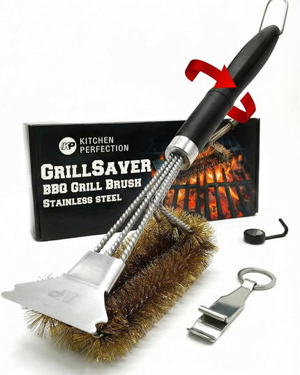KITCHEN PERFECTION Brass GrillSaver - Safe BBQ Grill Brush with Replaceable Cleaning Head -Heavy-Duty Grill Cleaner w/Scraper for Porcelain & Ceramic Grates, Includes Magnetic Hanger & Bottle Opener