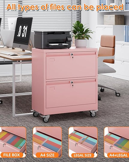 METAN Upgrade 2 Drawers Lateral File Cabinet on Wheels,Steel Office Filing Storage Cabinet with 2 Locks,Assembly Required,Pink