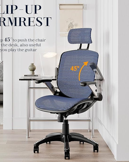 GABRYLLY Ergonomic Office Chair, High Back Mesh Desk Chair with Adjustable Headrest, Flip-Up Arms, 90-120° Tilt Lock, Lumbar Support and Comfy Seat, Swivel Computer Task Chair, Blue