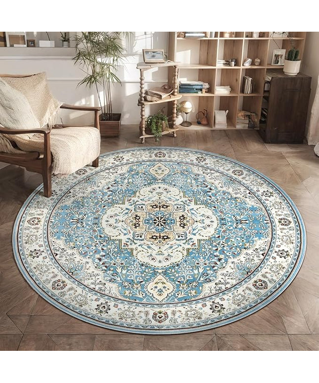 Ciicool Washable Area Rug Round 5’x5’ Boho Bedroom Rug Non-Slip Oriental Entry Throw Rug Low-Pile Indoor Floor Carpet for Dining Room Laundry Foyer Decor (Vintage Blue)