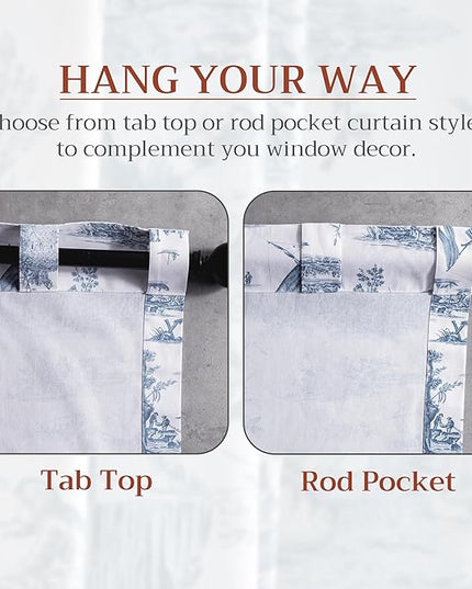 Maison d' Hermine Curtains for Living Room 100% Cotton 108 inch Length One Panel Light Filtering Toile Curtains for Bedroom with Rod and Loop Pockets (Calais Blue (White Background), 50" W x 108" L)
