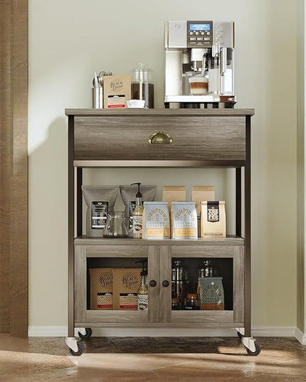 Catrimown Coffee Cart Station, Coffee Stand Station, Small Microwave Stand with Drawer, Movable Farmhouse Coffee Station Table on Wheels for Living Room, Entryway, Dining Room, Kitchen, Wash Grey