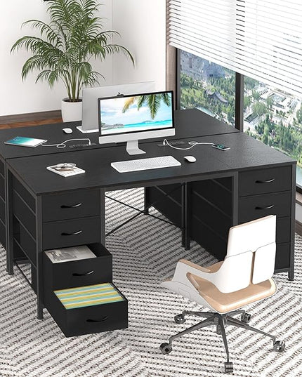 50 Inch Computer Desk with 8 Drawers, Home Office Desk with Power Outlets, Work Study Gaming Desk with 8 Fabric Drawers, Black