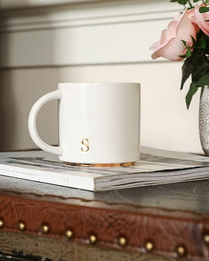 COLLECTIVE HOME - Monogram Ceramic Mugs, 15 oz Golden Initial Coffee Cups, Elegant Alphabet Tea Mugs, Elegant Personalized Mug with Gift Box, Luxurious Cups for Office and Home (s)