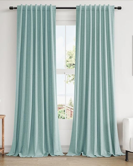 Guken 100% Blackout Linen Curtains 90 Inch Length 2 Panels Set for Living Room Bedroom Back Tab Thermal Insulated Black Out Linen Drapes Room Darkening Window Curtains,Light Blue