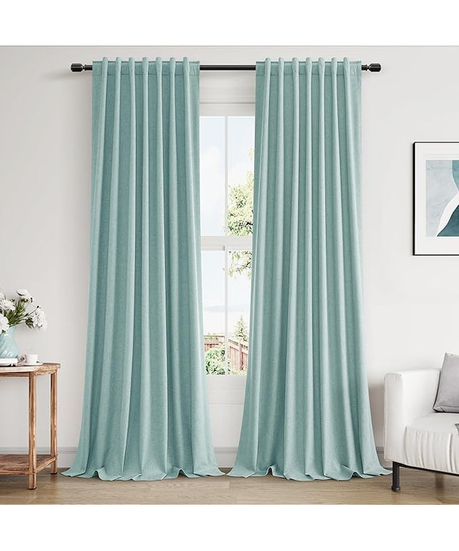 Guken 100% Blackout Linen Curtains 90 Inch Length 2 Panels Set for Living Room Bedroom Back Tab Thermal Insulated Black Out Linen Drapes Room Darkening Window Curtains,Light Blue