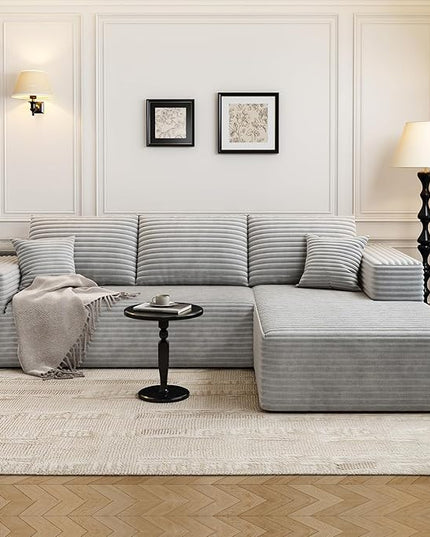 107.5" Cloud Modular Sectional Sofa Couch with L-Shape Chaise,Modern Minimalist Upholstered Couches for Living Room Bedroom,Deep Seat Corner Couch，No Assembly Required (Grey,Right Facing Chaise)
