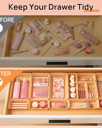 Vtopmart 25 PCS Plastic Drawer Organizers Set, 4-Size Versatile Bathroom and Vanity Drawer Organizer Trays, Storage Bins for Makeup, Bedroom, Kitchen Gadgets Utensils and Office