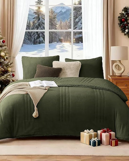 Monbix Fluffy Full Comforter Set Olive Green, Sherpa Plush Fuzzy Comforter 3 Piece for Full Size Bed, Luxury Soft Winter Warm Bedding Set