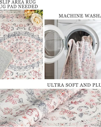5x7 Area Rugs Washable,Pink Rug for Bedroom Living Room Kitchen,Large Boho Vintage Bohemian Distressed Farmhouse Carpet Non Slip,Grey Blush Floral
