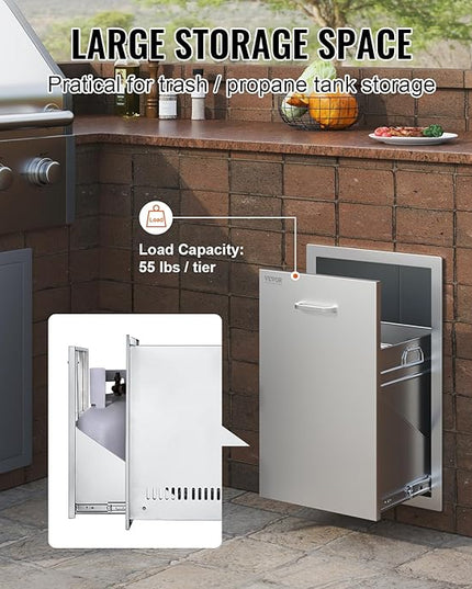 VEVOR Outdoor Kitchen Trash Drawer 16Wx22Hx16 D, Propane Tank Drawer, Stainless Steel Pull Out Trash with Handle, Outdoor Kitchen Cabinets Can Pull Out, BBQ Island Bin