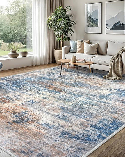 IOHOUZE Abstract Area Rugs 8x10 Ft Washable Large Rugs for Living Room, Non Slip Dining Room Rug, Printed Faux Wool Rugs for Bedroom, Floor Carpet for Office Nursery Playroom, Blue Rust