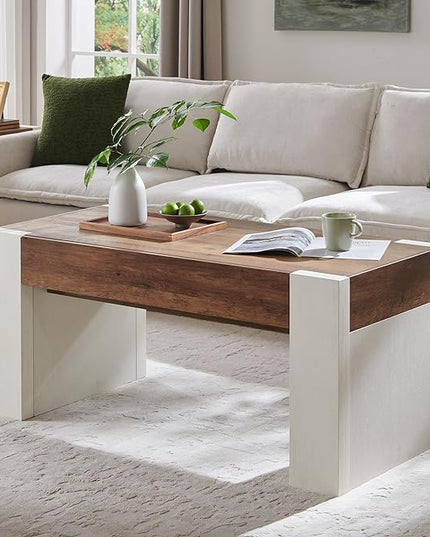 OKD 48" Modern Farmhouse Coffee Table, Wooden Living Room Table with Hidden Storage Drawer, Rustic Rectangular Center Tables with Wood Thick Design for Living Room, Office, Antique White