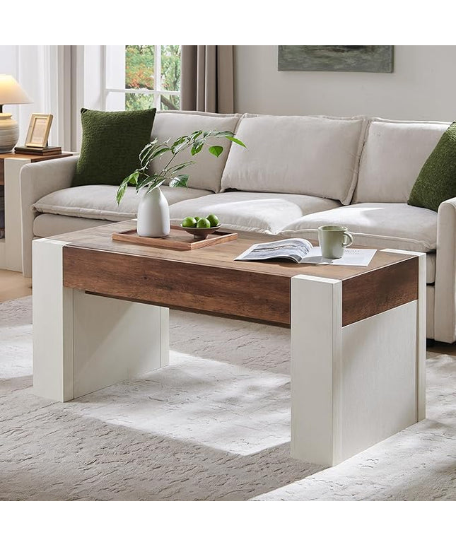 OKD 48" Modern Farmhouse Coffee Table, Wooden Living Room Table with Hidden Storage Drawer, Rustic Rectangular Center Tables with Wood Thick Design for Living Room, Office, Antique White