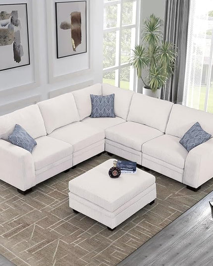 Legend Vansen Oversized Modular Sectional Sofa,6 Seat U Shaped Couch with Ottoman,Corduroy Sofa with Deep Seat,Convertible Large Sectional Couches for Living Room(Cream, L-6)