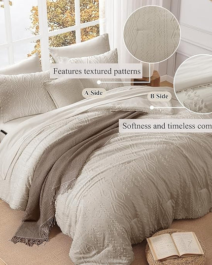 Full Size Comforter Set Beige, Tufted Boho Bedding Farmhouse Bed Set, All Season 7 Pieces Bed in a Bag with Sheets, Pillowcases & Shams