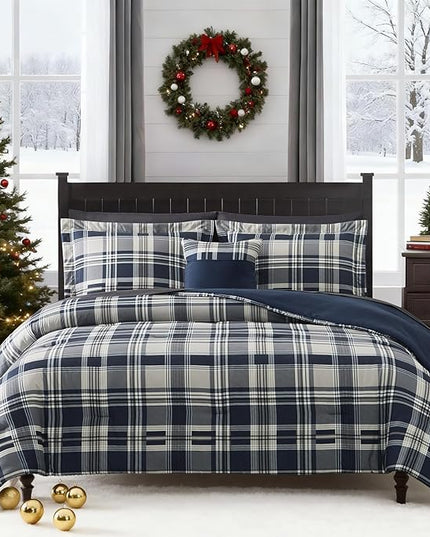 MaiRêve Queen Size Comforter Set Navy Blue, Classic Plaid Farmhouse 7 Pieces Bedding Set, All Season Lightweight Bed in a Bag with Sheets, Pillowcases & Shams