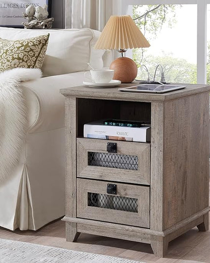 Nightstand with Charging Station,OKD 18'' Industrial & Farmhouse End Table with 2 Drawers & Open Cubby, Rustic Mesh Drawer Sofa Side Table w/Storage for Bedroom, Living Room, Office, Light Rustic Oak