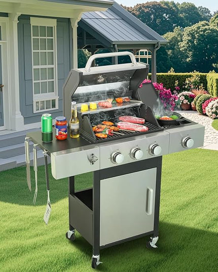 3-Burner Propane Gas Grill with Side Burner, 37,230 BTU Stainless Steel BBQ Grill with Enamel Cast Iron Grates, Warming Rack & Locking Wheels for Outdoor Patio