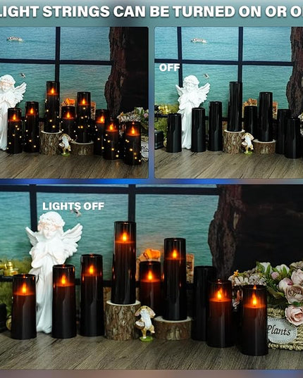 Flickering Flameless LED Candles, 9 Pcs with Embedded Star String, Acrylic LED Pillar Candles with Remote, Suitable for Home Decoration (Black)