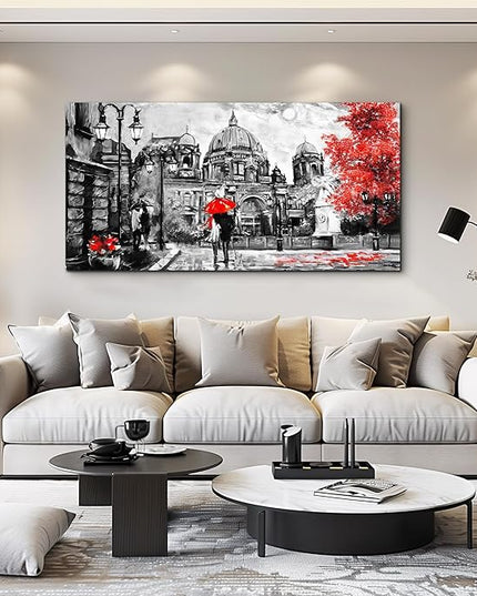 Black and White Buildings and Lovers Holding Umbrellas Under Street Lamps Canvas Art Print Artwork Wall Art for Living Room bedroom Wall Decor，Modern Home Decor Watercolor wall painting decoration