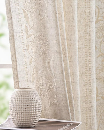 jinchan Winslow Linen Curtains for Bedroom 90 Inches Length Embroidered Bordered Floral Curtains for Living Room Farmhouse Decor Light Filtering Window Treatments Ivory on Beige Drapes 2 Panels