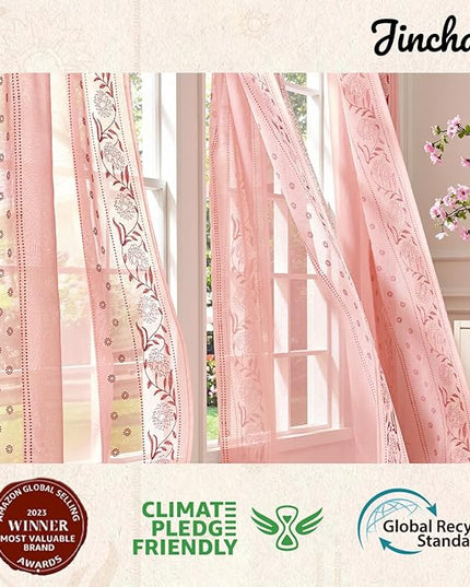 jinchan Winslow Sheer Curtains 63 Inch Length for Dorm Bedroom Bordered Floral Pattern Decorations Short Curtains Light Filtering Window Treatments, 50W x 63L, 2 Panels