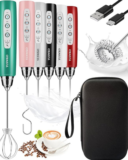 YUSWKO Rechargeable Milk Frother for Coffee, Handheld Drink Mixer with 3 Heads 3 Speeds, Ideal Coffee Frother Wand for Travel - Green