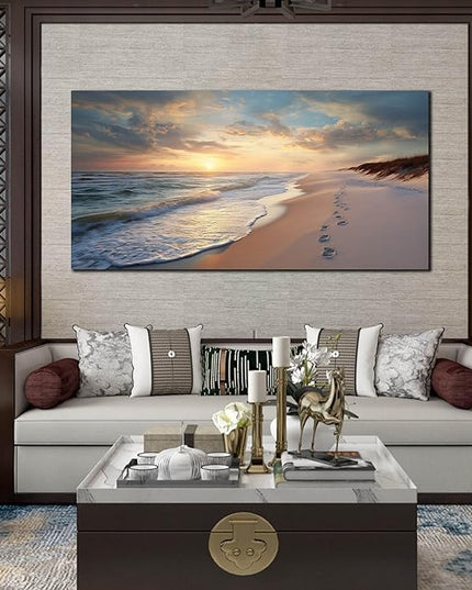 Ouzzlie Seascape Wall Art Ocean Wall Decor Blue Picture Art Print Sun Canvas Large Landscape Artwork for Living Room Bedroom Office 29" x 59"