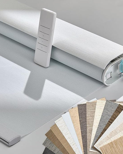 Persilux Smart Motorized Blinds with Remote, No Drill Automatic Roller Shades for Indoor Windows, Light Filtering Linen Fabric, Electric Blinds for Windows, Weave Swan C162-1, Custom Size