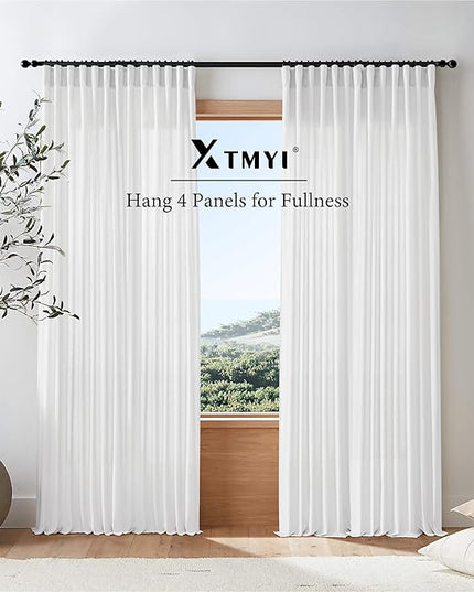 XTMYI 70 Inch Wide White Back Tab/Hook Belt Linen Cotton Sheer Curtains for Bedroom,2 Panels,96 Inch Length