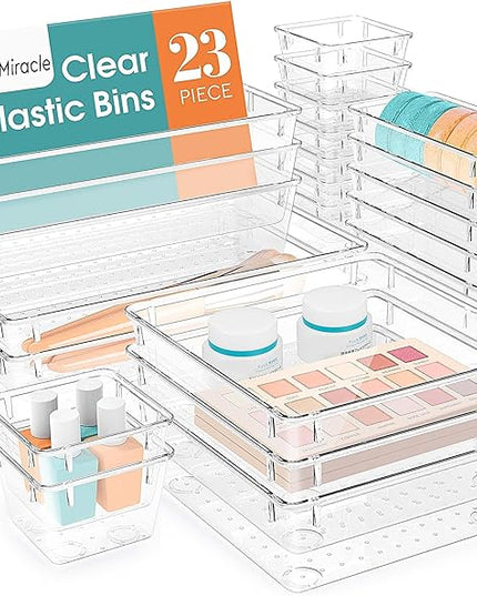 23 PCS Drawer Organizer Set, 5 Varied Size Bathroom and kitchen Drawer cabinet organizer Trays, Clear Storage Bins for Makeup, Jewelry, Utensils and Gadgets