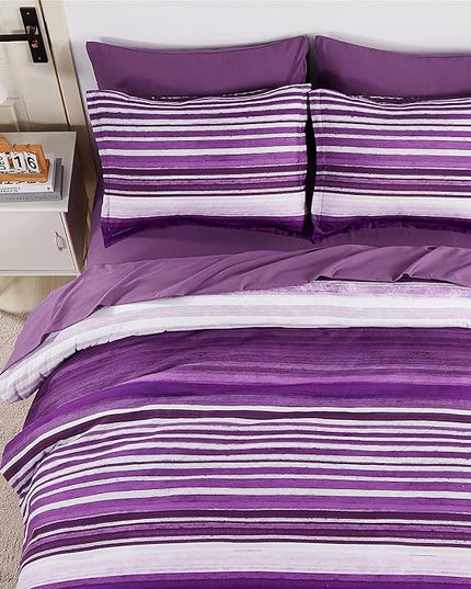 KAKIJUMN 5 Piece Bed in a Bag Stripe Comforter Set Twin Size, White and Purple Patchwork Striped Comforter and Sheet Set, All Season Soft Microfiber Complete Bedding Sets(Purple,Twin)