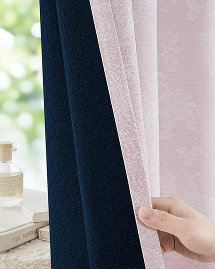 FMFUNCTEX Pink Floral Jacquard Blackout Curtains 90 Inches Long for Girls Bedroom, Scroll Flower Chenille Farmhouse Curtains for Nursery Room Darkening Thermal Insulated Grommet Window Drapes 2 Panels